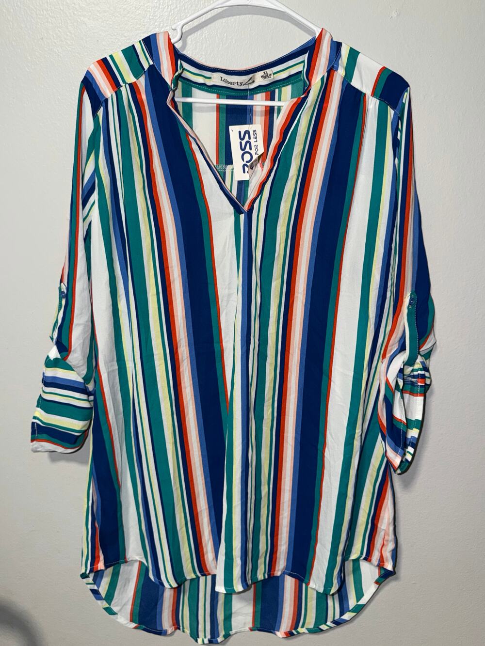 Liberty Love Multicolor Striped Tunic Top Split V-Neck Roll Tab Sleeves High Low